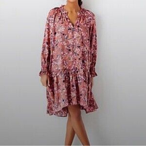 Ann Taylor pink floral smocked cuff tier high low long sleeve Dress Small